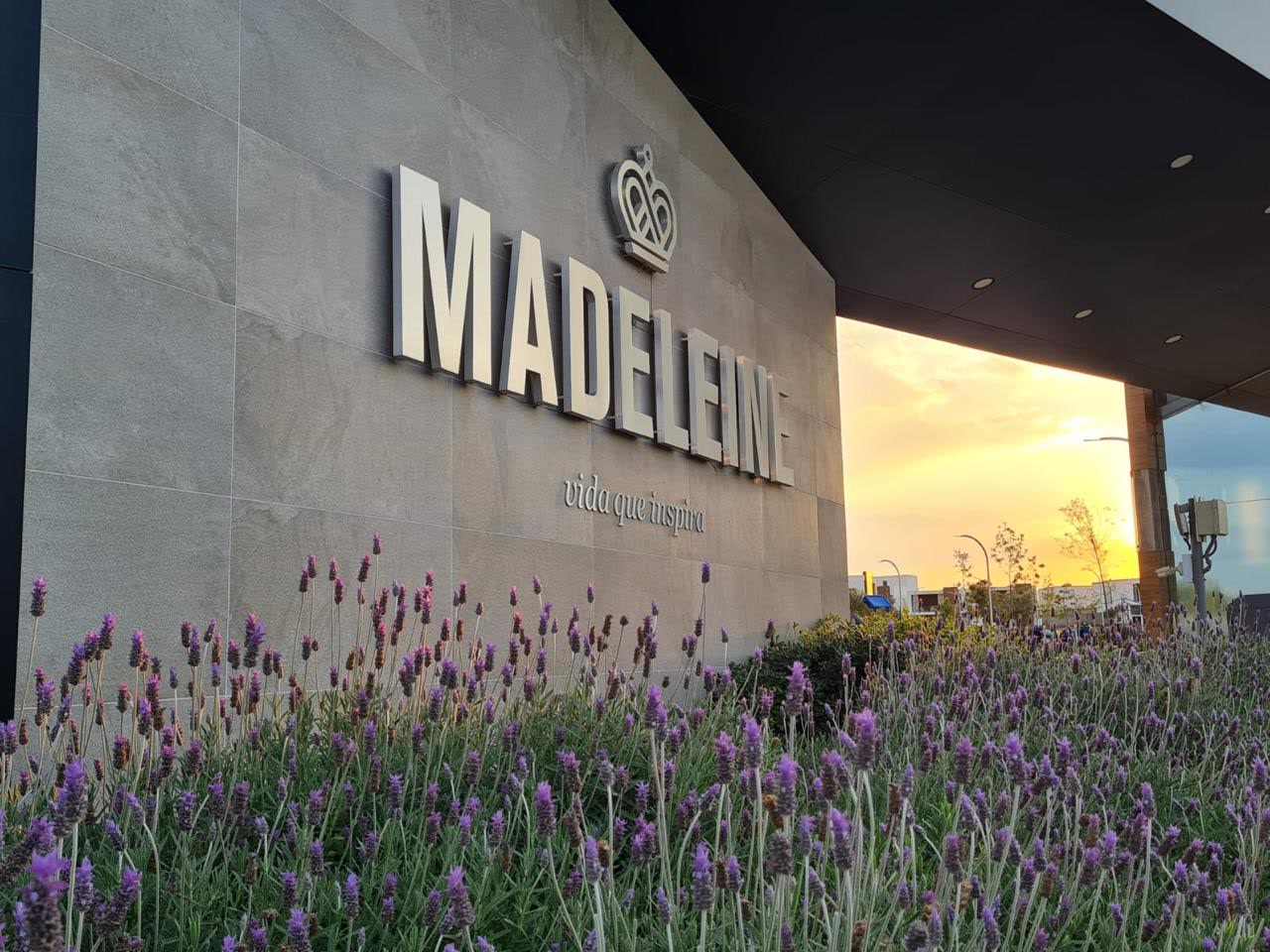 Pórtico de acceso a Madeleine Residencial al atardecer, con el rótulo de la marca y lavanda al frente